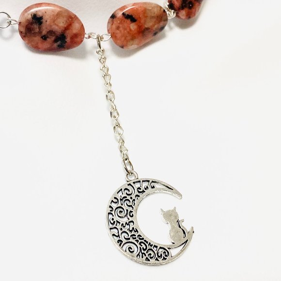 Natural Gemstone Pink Rhodonite Lariat Choker, Cat on the Moon Pendant - Picture 5 of 10